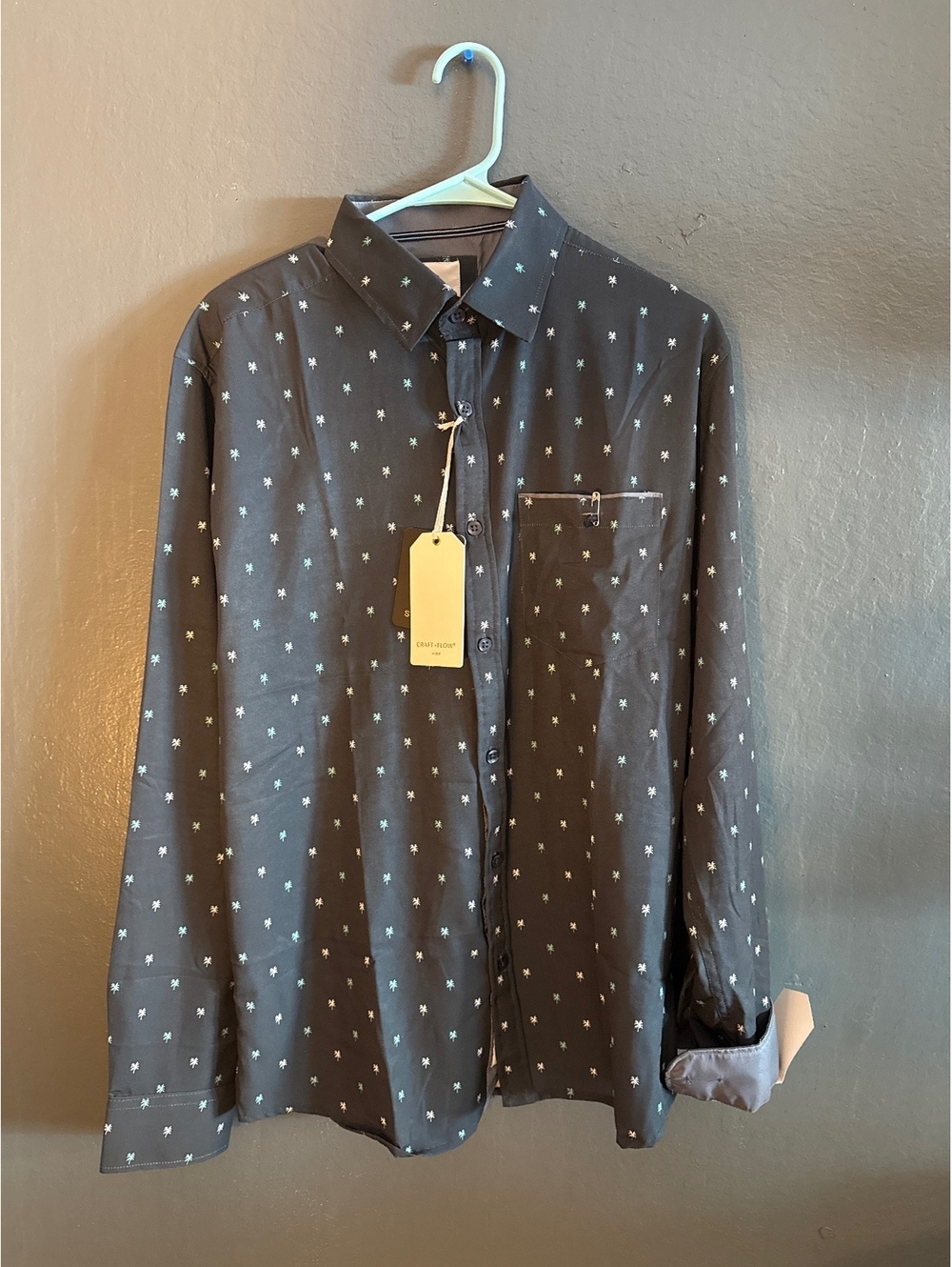 Craft+Flow Navy Mini Palms Long Sleeve Shirt, Size M